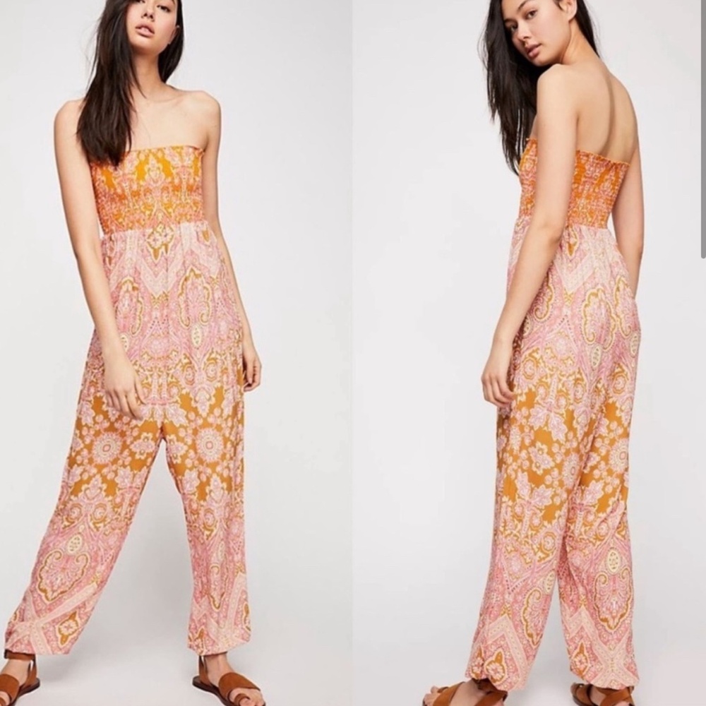 Free People Thinking of You Smocked Harem Jumpsuit - L